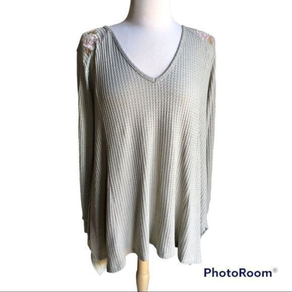 Altar’d state light sage green embroidered asymmetrical waffle knit thermal top
